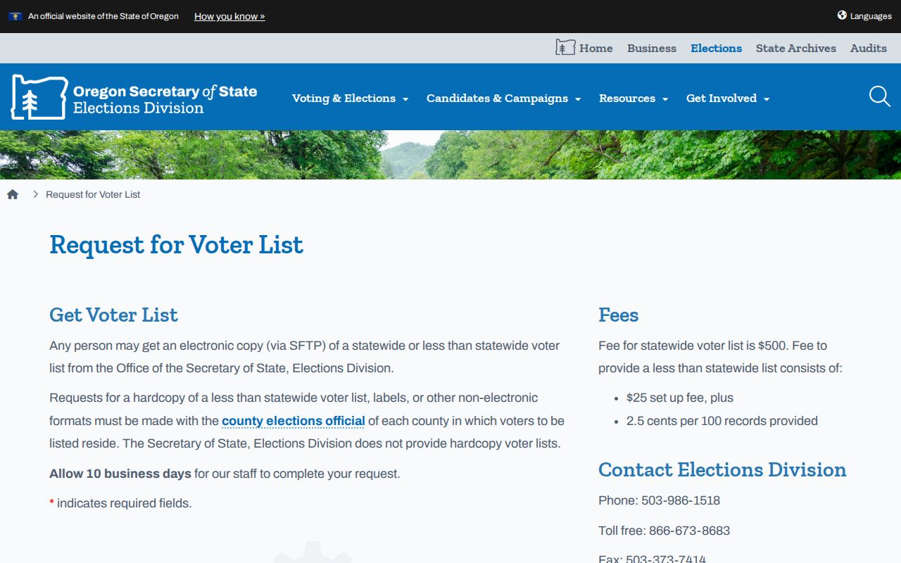 Lane County residents directory Oregon voter list request form