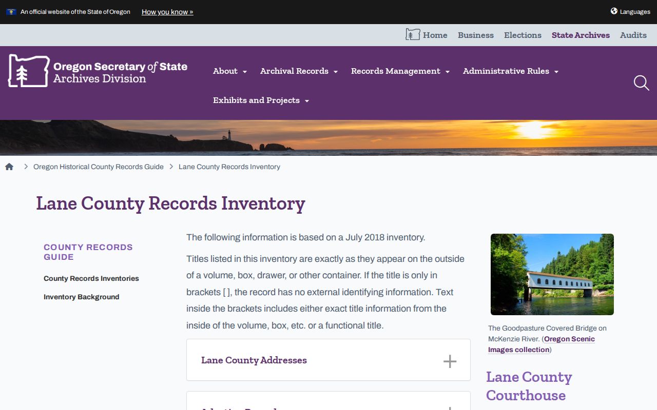 Lane County previous residents Oregon Archives inventory screen