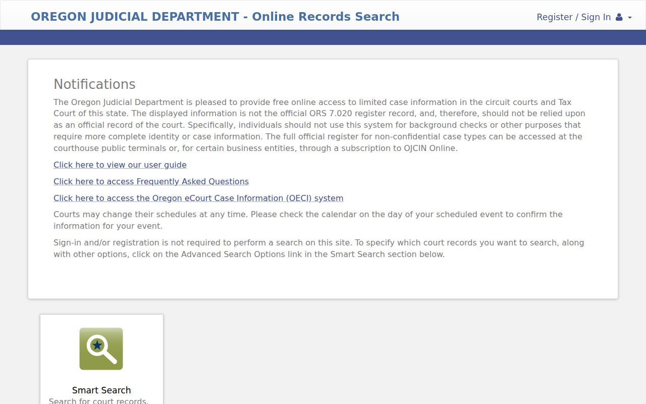Lane County resident lookup OJD Smart Search entry screen