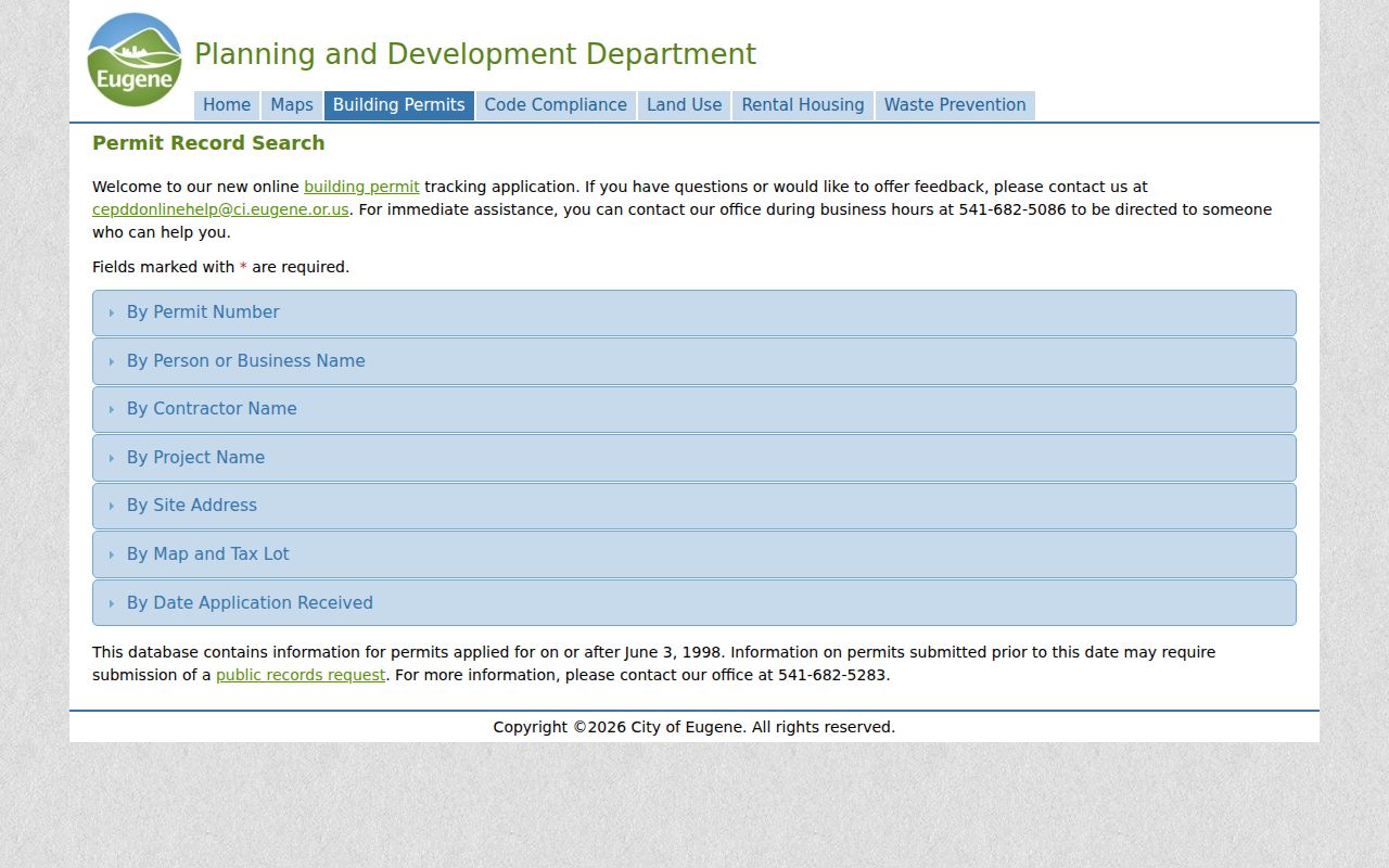 Lane County street directory Eugene permit search options
