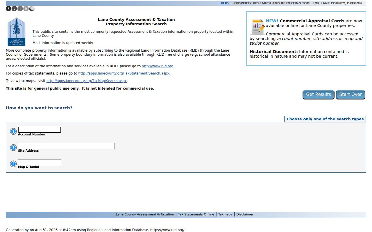 Lane County street directory RLID property research search screen